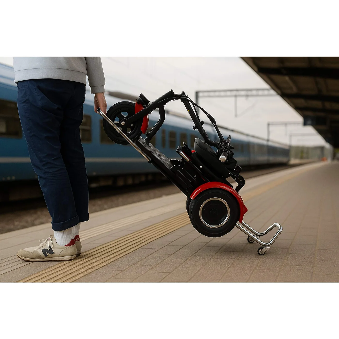 MObot Pro 10,5 Ah in Rot, zusammengefaltet am Bahnsteig