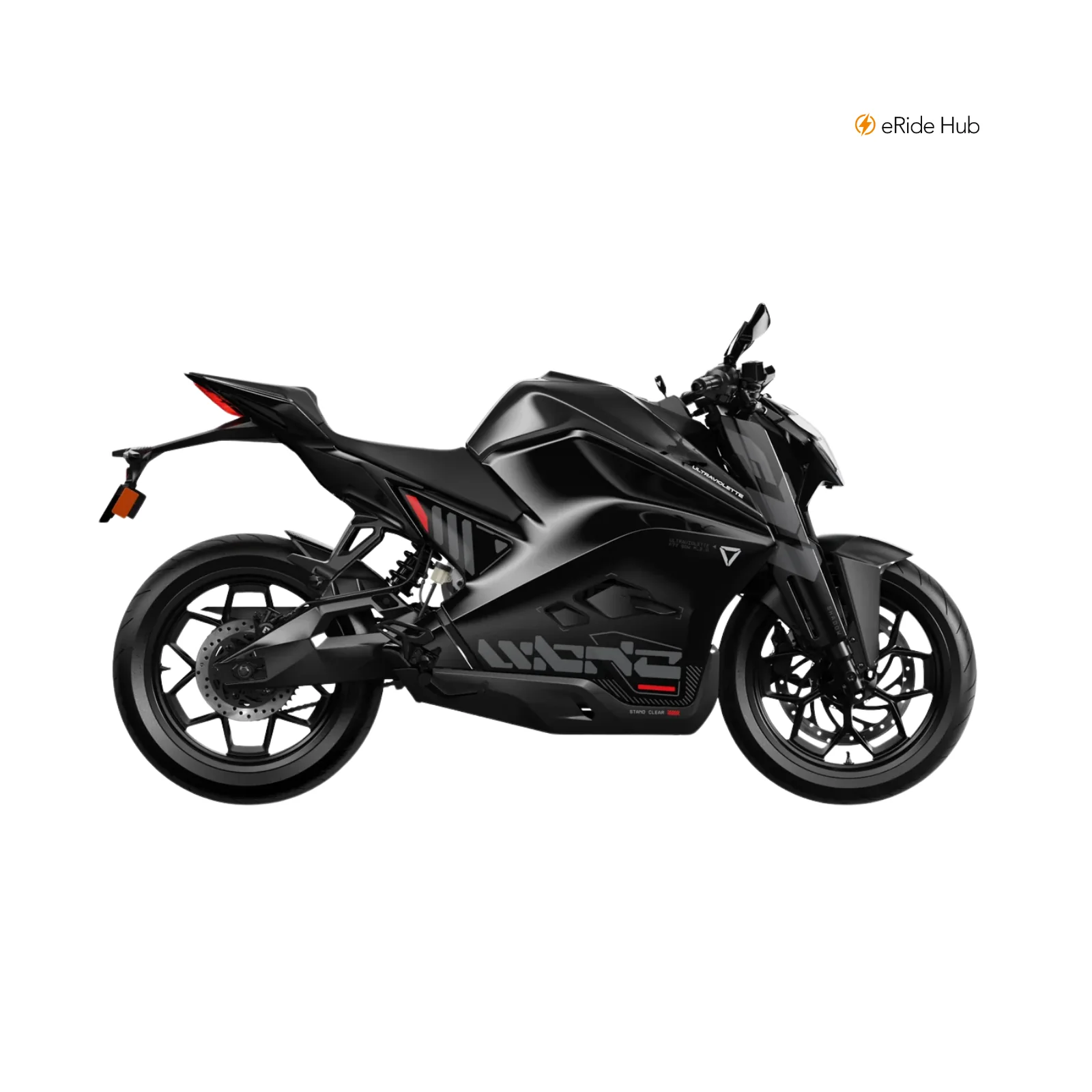 Sportliche Seitenansicht der Ultraviolette F77 Mach 2 Recon in Cosmic Black